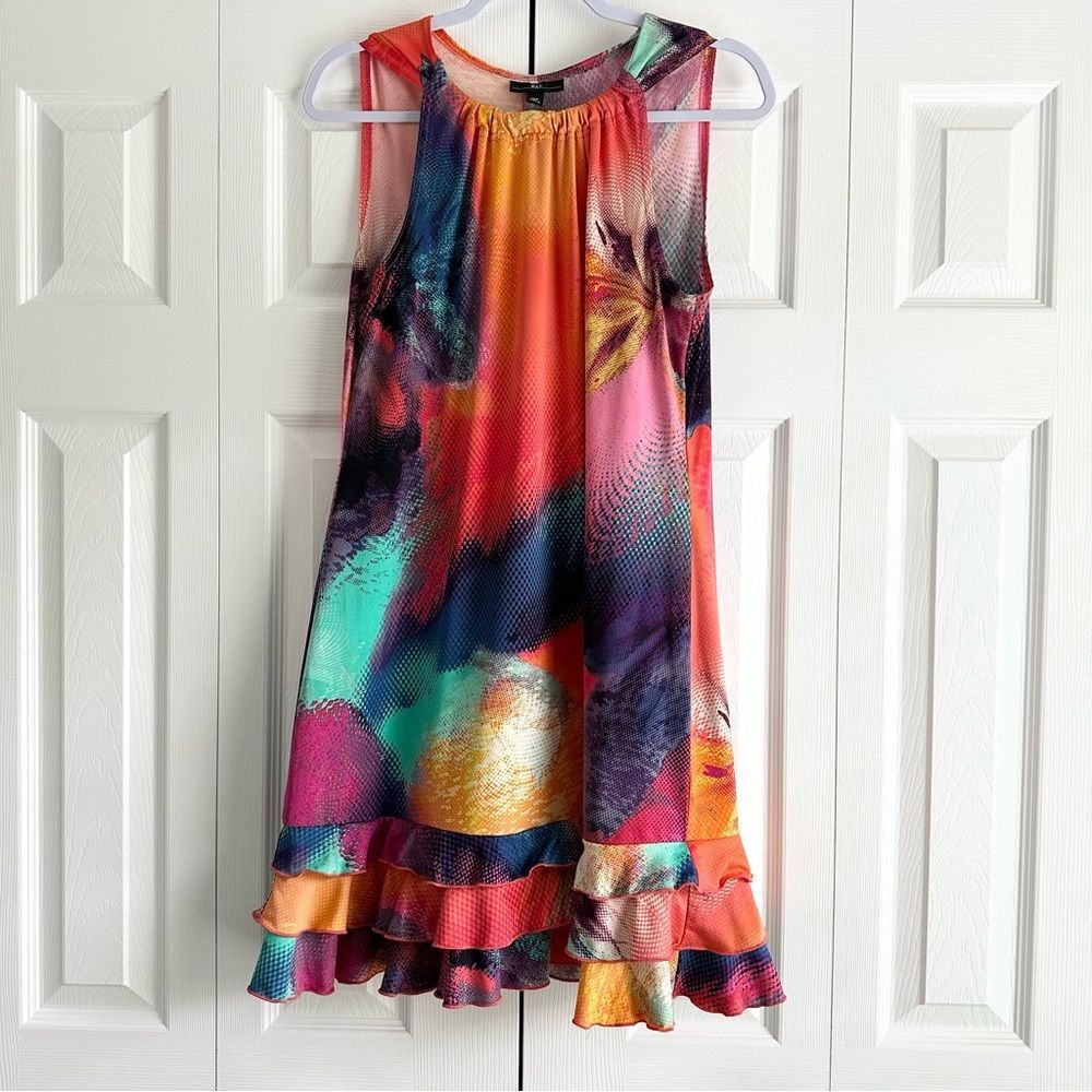 R&K Abstract Dress Size Womens 12P Multicolor Sleeveless Ruffle Hem Shift